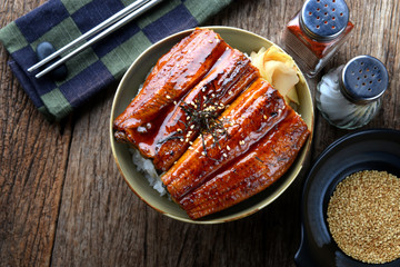 Japanese eel grilled with rice or Unagi don. - obrazy, fototapety, plakaty