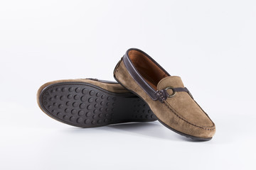 Male Brown Shoe on White Background, Isolated Product, Top View, Studio.