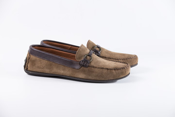 Male Brown Shoe on White Background, Isolated Product, Top View, Studio.