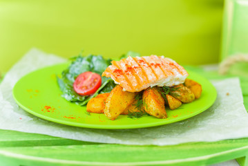 Grilled salmon potatoes and vegetables