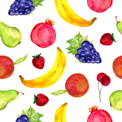 Watercolor seamless fruits pattern. Hand drawn Illustration of black grape, pomegranate, pear, peach, banana, strawberry and cherry. Watercolor Illustration isolated on white background.