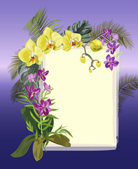 Tropical rectangular frame with bouquet yellow, purple orchids, flowers and buds, green palm, bamboo, monstera leaves on purple background, digital draw illustration, template for design, vector