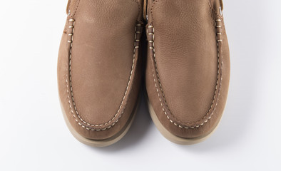 Male Brown Shoes on White Background, Isolated Product, Top View, Studio.