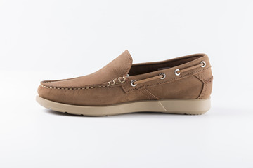 Male Brown Shoes on White Background, Isolated Product, Top View, Studio.