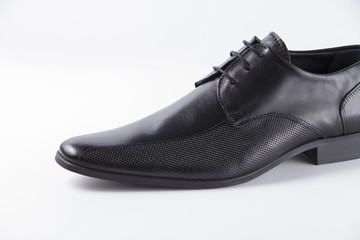 Male Black Shoes on White Background, Isolated Product, Top View, Studio.