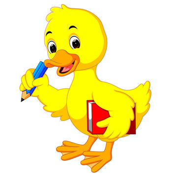 Cute duck carrying book and pencil