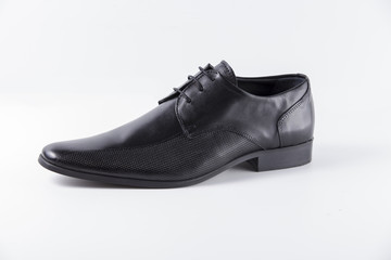 Male Black Shoes on White Background, Isolated Product, Top View, Studio.