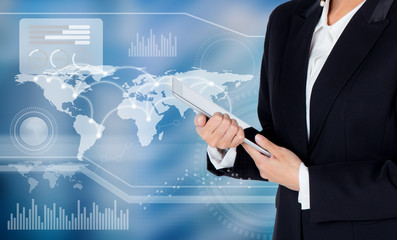 Businesswoman hold tablet with world map and graph on background business concept, Elements of this image furnished by NASA