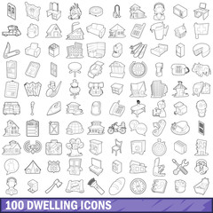 100 dwelling icons set, outline style