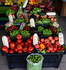 Obraz na płótnie Canvas Food market. Marmaris, Turkey. Seasonal vegetables and fruits in May.
