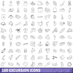 100 excursion icons set, outline style