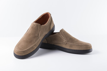 Male Brown Shoe on White Background, Isolated Product, Top View, Studio.