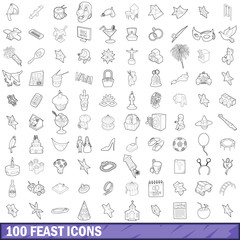 100 feast icons set, outline style