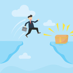 businessman jumping to the treasure box in the edge of a abyss cartoon vector illustration