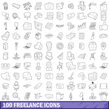 100 freelance icons set, outline style
