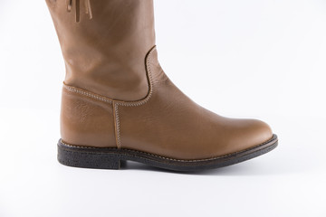 Female Brown Boot on White Background, Isolated Product, Top View, Studio.