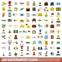 100 government icons set, flat style