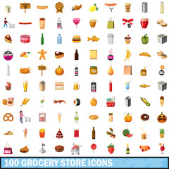 100 grocery store icons set, cartoon style