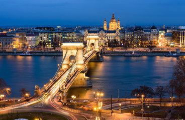 Panorama of Budapest with the Chain Bridge at night
