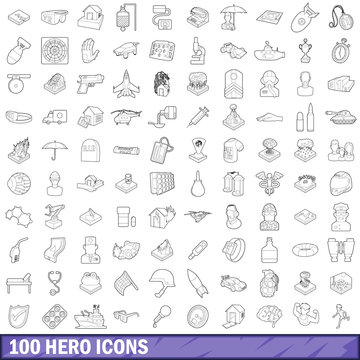 100 hero icons set, outline style