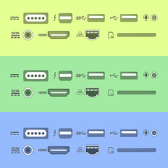 Laptop and PC connectors icons set. Power supply, USB, Ethernet, SD, HDMI, audio and video sockets. computer peripherals in flat coloristic style. Yellow, green and blue sockets for your design