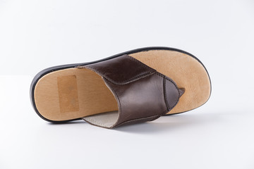 Male Brown Slipper on White Background, Isolated Product, Top View, Studio.