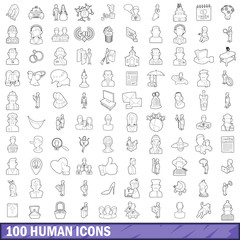 100 human icons set, outline style