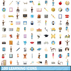 100 learning icons set, cartoon style