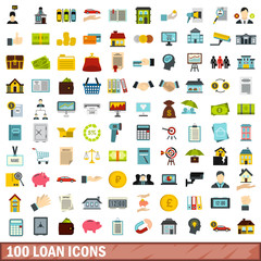 100 loan icons set, flat style