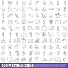 100 meeting icons set, outline style