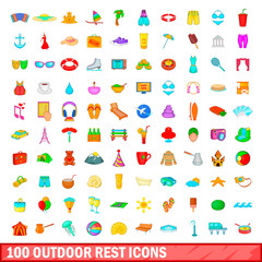 100 outdoor rest icons set, cartoon style