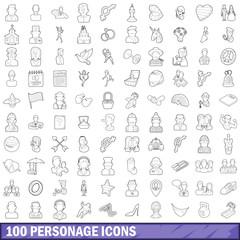100 personage icons set, outline style