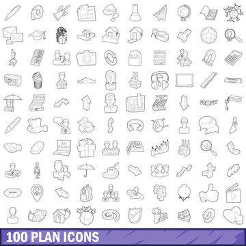 100 plan icons set, outline style