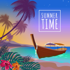 Fototapeta premium Boat sunset sea summer vacation. Romantic travel leisure sandy coast pink sunset sky. Palm beach ocean shore vector illustration background