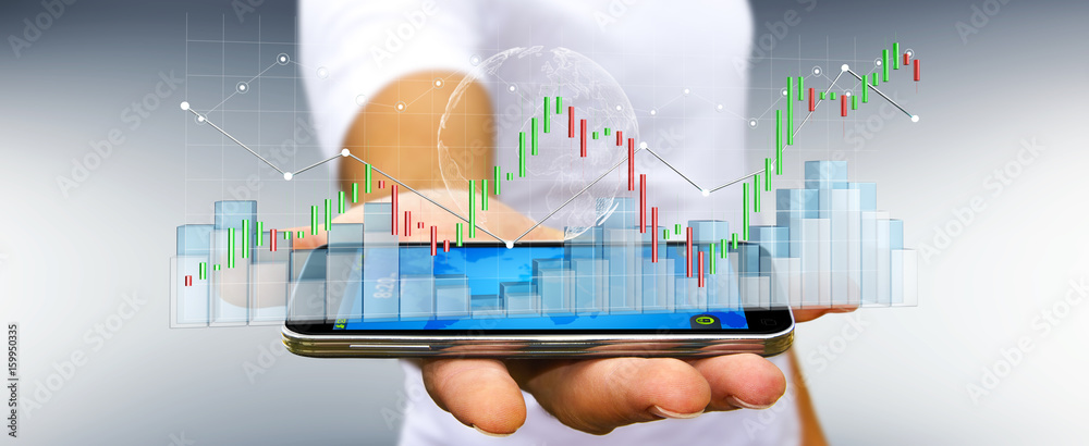 Poster businessman using digital 3d rendered stock exchange stats and charts
