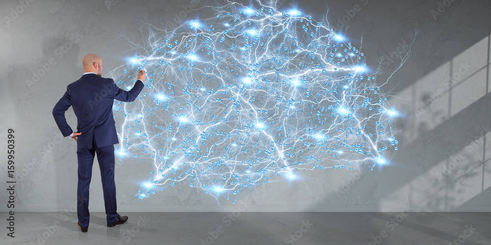 Aufkleber Businessman using digital brain interface on a wall 3D rendering
