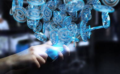 Businessman using digital arobase blue sphere to surf on internet 3D rendering