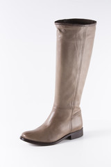 Female Brown Boot on White Background, Isolated Product, Top View, Studio.