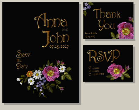 Floral wedding cards design suite template. Rustic field flower wild rose daisy gerbera herbs. Save the date greeting card RSVP thank you. Embroidery on black vector illustration