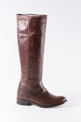Female Brown Boot on White Background, Isolated Product, Top View, Studio.