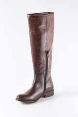 Female Brown Boot on White Background, Isolated Product, Top View, Studio.