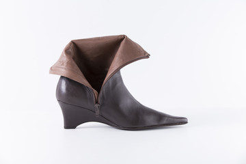 Female Brown Boot on White Background, Isolated Product, Top View, Studio.