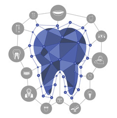 Polygonal blue vector tooth icon with dental icons