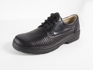 Male Black Shoe on White Background, Isolated Product, Top View, Studio.