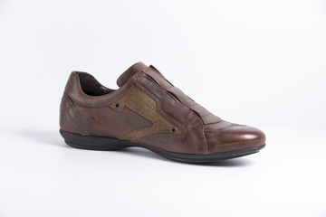 Male Brown Shoe on White Background, Isolated Product, Top View, Studio.