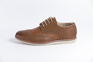 Male Brown Shoe on White Background, Isolated Product, Top View, Studio.