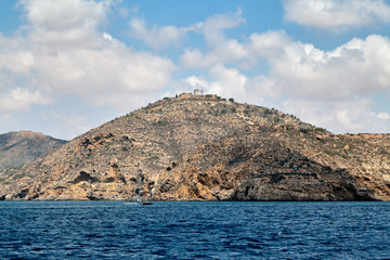 Defensive structures in the vicinity of Cartagena, Spain. Fortifications, a fort with artillery, a bunker and a military base.