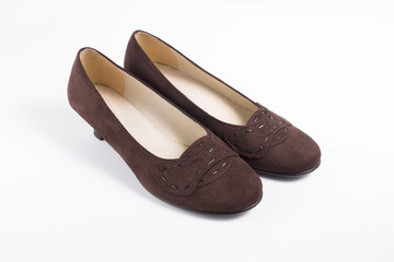 Female Brown Shoe on White Background, Isolated Product, Top View, Studio.