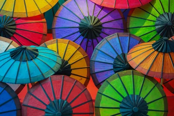 Fotobehang Colorful paper umbrellas on store shelves. Laos © pzAxe