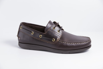 Male Brown Shoe on White Background, Isolated Product, Top View, Studio.